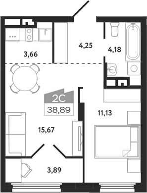 Планировка 2е-к.кв 38.89 м² в ЖК «Квартал 1604. Томск»