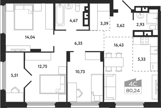 Планировка 4е-к.кв 80.24 м² в ЖК «Квартал 1604. Томск»