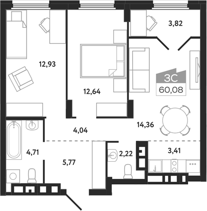 Планировка 3е-к.кв 60.08 м² в ЖК «Квартал 1604. Томск»