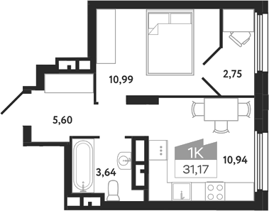 Планировка 1-к.кв 31.17 м² в ЖК «Квартал 1604. Томск»