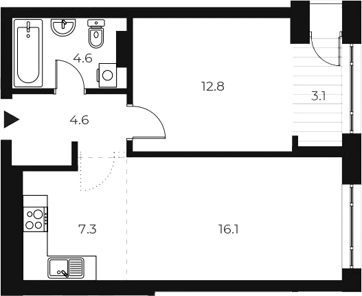 Планировка 2е-к.кв 45.40 м² в ЖК «ОСКАР»