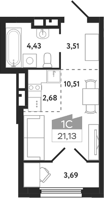 Планировка студии 21.13 м² в ЖК «Квартал 1604. Томск»