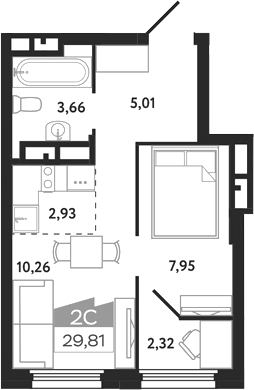 Планировка 2е-к.кв 29.81 м² в ЖК «Квартал 1604. Томск»