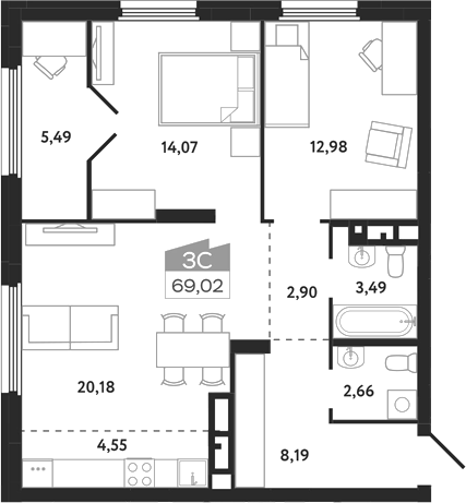 Планировка 3е-к.кв 69.02 м² в ЖК «Квартал 1604. Томск»