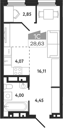 Планировка студии 28.63 м² в ЖК «Квартал 1604. Томск»
