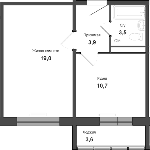 Планировка 1-к.кв 37.10 м² в ЖК «Чистая Слобода»