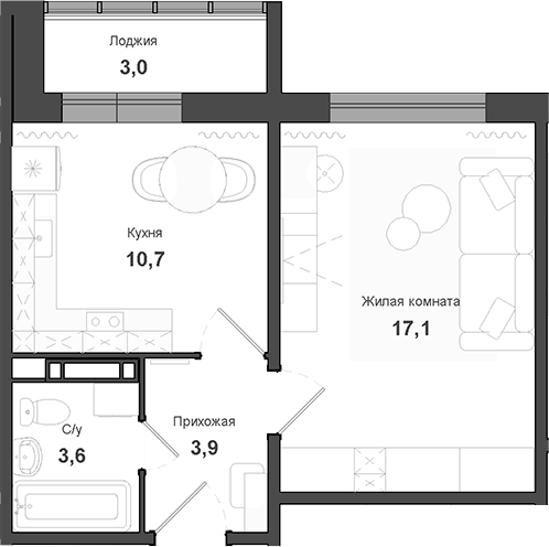 Планировка 1-к.кв 35.30 м² в ЖК «Чистая Слобода»