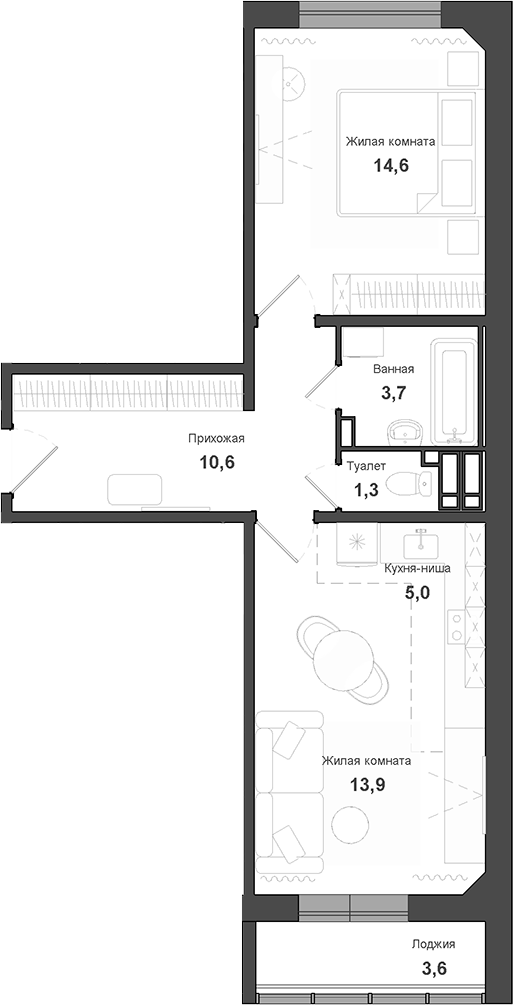 Планировка 2е-к.кв 49.10 м² в ЖК «Чистая Слобода»