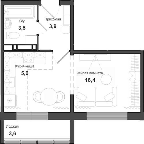 Планировка студии 28.80 м² в ЖК «Чистая Слобода»