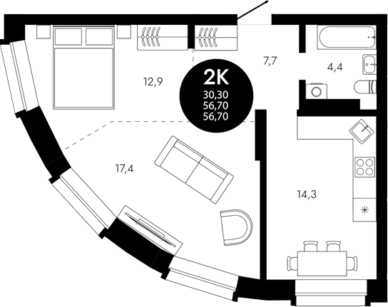 Планировка 2-к.кв 56.70 м² в ЖК «Флагман Холл»