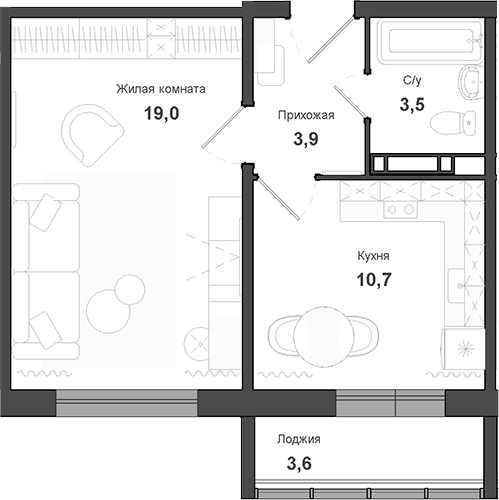 Планировка 1-к.кв 37.10 м² в ЖК «Чистая Слобода»