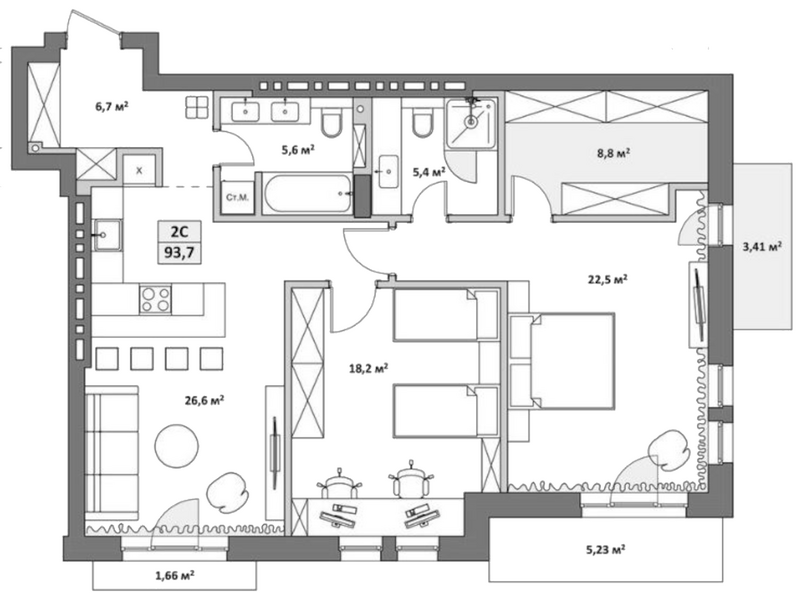 Планировка 3е-к.кв 96.26 м² в ЖК «Жуковка»
