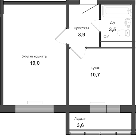 Планировка 1-к.кв 38.90 м² в ЖК «Чистая Слобода»