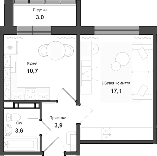 Планировка 1-к.кв 36.80 м² в ЖК «Чистая Слобода»