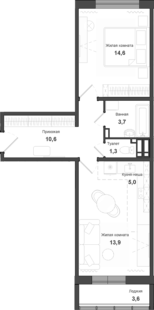 Планировка 2е-к.кв 50.90 м² в ЖК «Чистая Слобода»