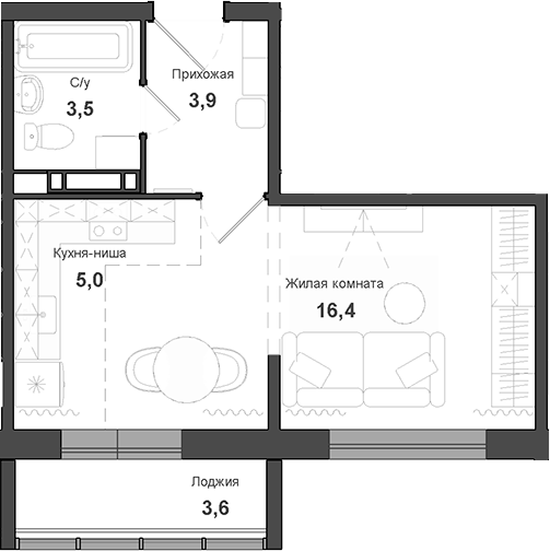 Планировка студии 30.60 м² в ЖК «Чистая Слобода»