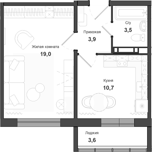 Планировка 1-к.кв 38.90 м² в ЖК «Чистая Слобода»