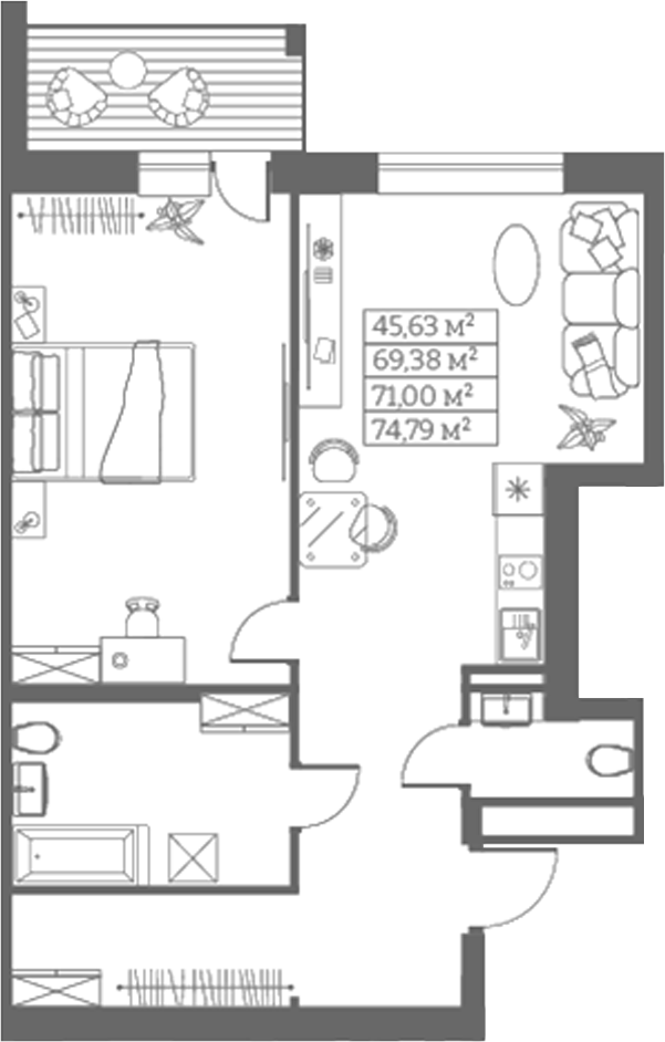 Планировка своб. план. 69.38 м² в ЖК «Собрание»