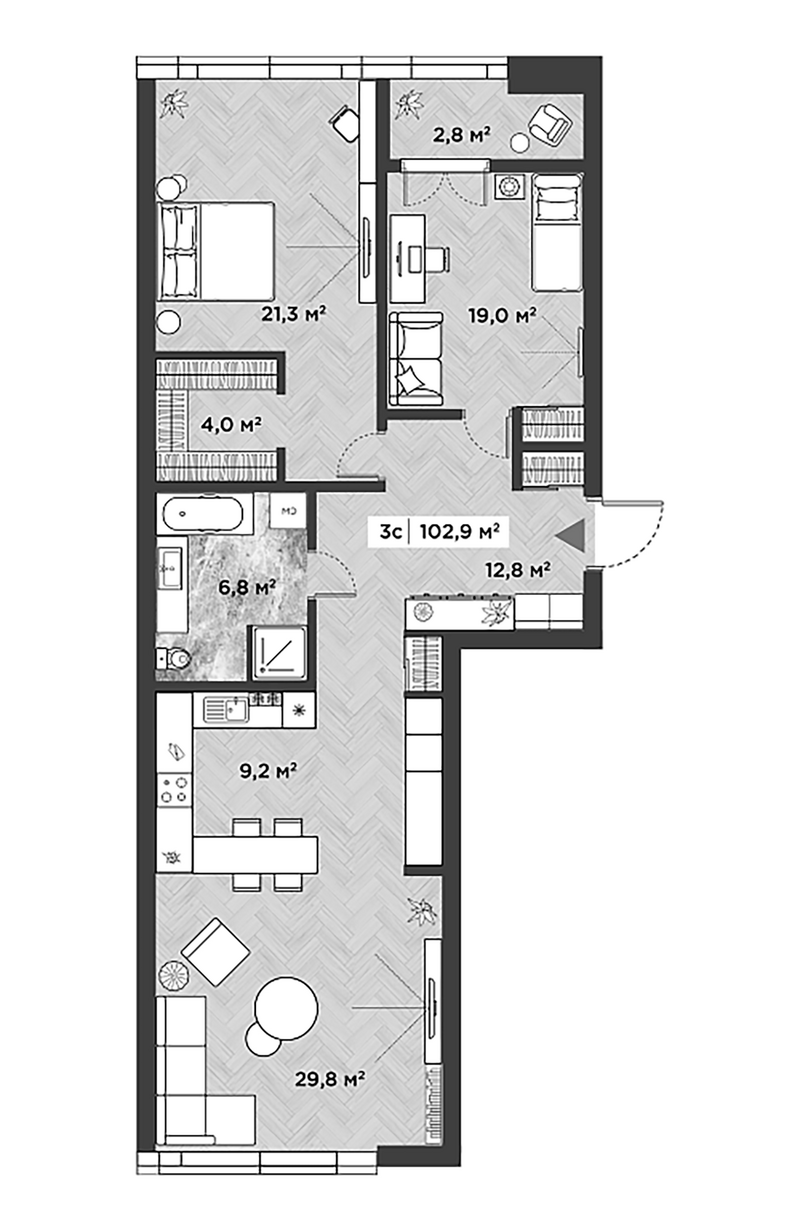 Планировка 3е-к.кв 99.90 м² в ЖК «Берлин»