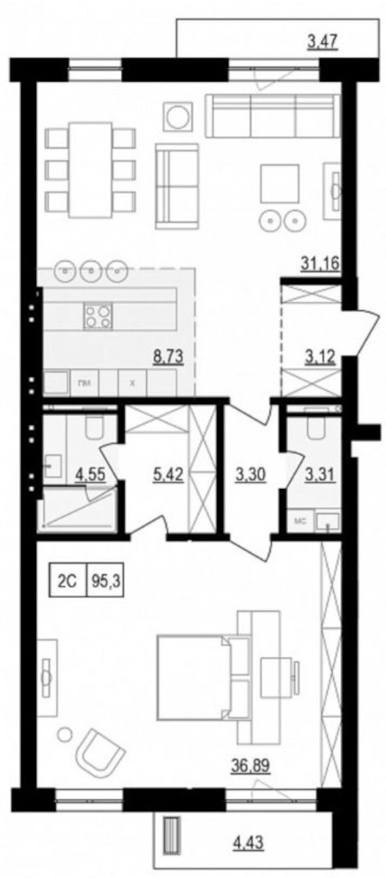 Планировка 2е-к.кв 98.24 м² в ЖК «Жуковка»