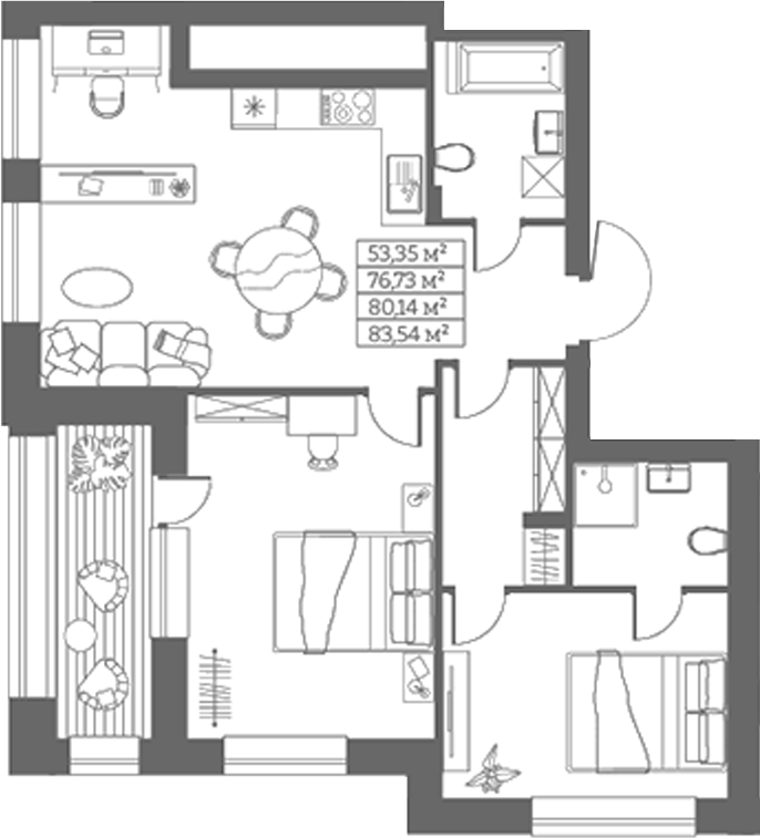 Планировка своб. план. 76.73 м² в ЖК «Собрание»