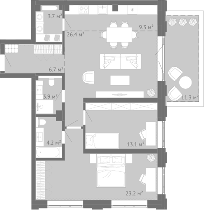 Планировка 3е-к.кв 90.51 м² в ЖК «Энтузиаст. Новокузнецк»