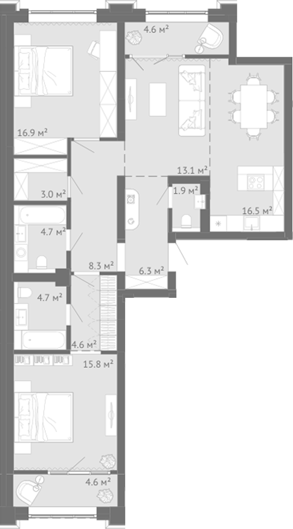 Планировка 3е-к.кв 95.90 м² в ЖК «Энтузиаст. Новокузнецк»