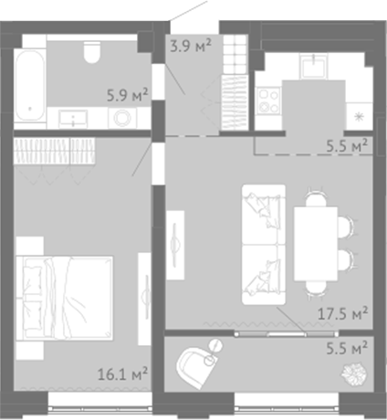 Планировка 2е-к.кв 48.95 м² в ЖК «Энтузиаст. Новокузнецк»