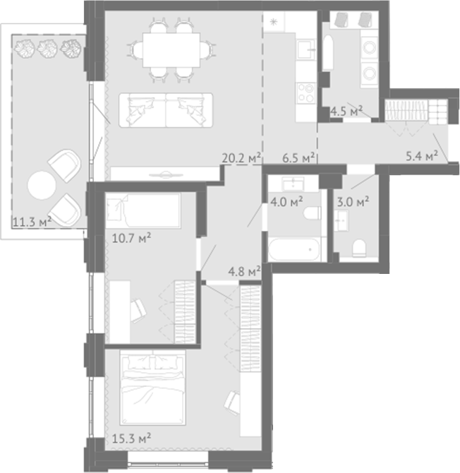 Планировка 3е-к.кв 74.41 м² в ЖК «Энтузиаст. Новокузнецк»