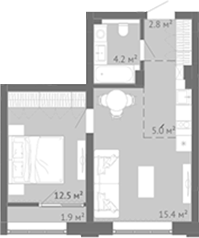 Планировка 2е-к.кв 39.95 м² в ЖК «Энтузиаст. Новокузнецк»