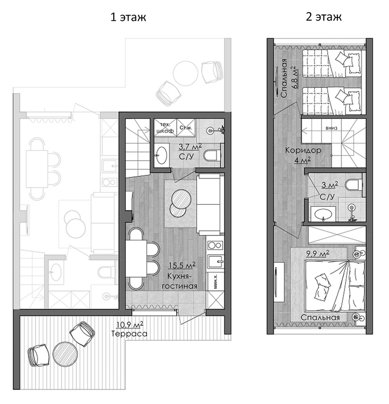 Планировка таунхаусы 46.10 м² в ЖК «Белогорье Резиденция-парк. Нижнекаянча»