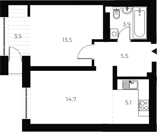 Планировка 2е-к.кв 42.70 м² в ЖК «ОСКАР»