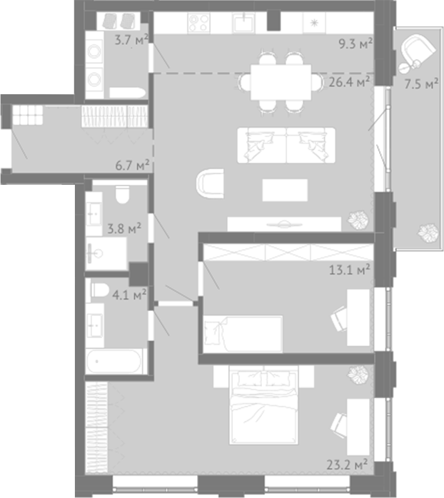 Планировка 3е-к.кв 90.25 м² в ЖК «Энтузиаст. Новокузнецк»