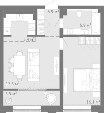 Планировка 2е-к.кв 48.85 м² в ЖК «Энтузиаст. Новокузнецк»