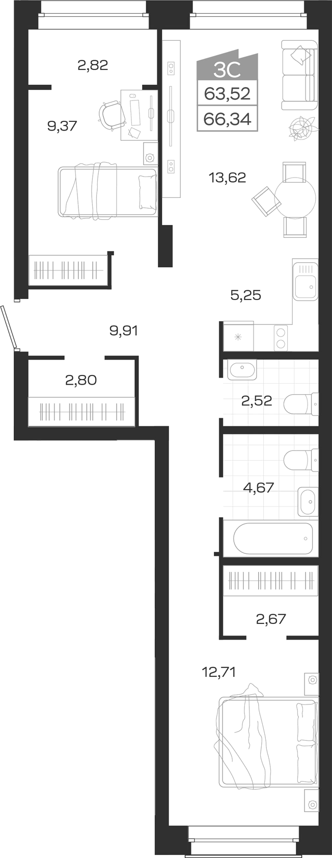 Планировка 3е-к.кв 63.52 м² в ЖК «Ясный Берег»