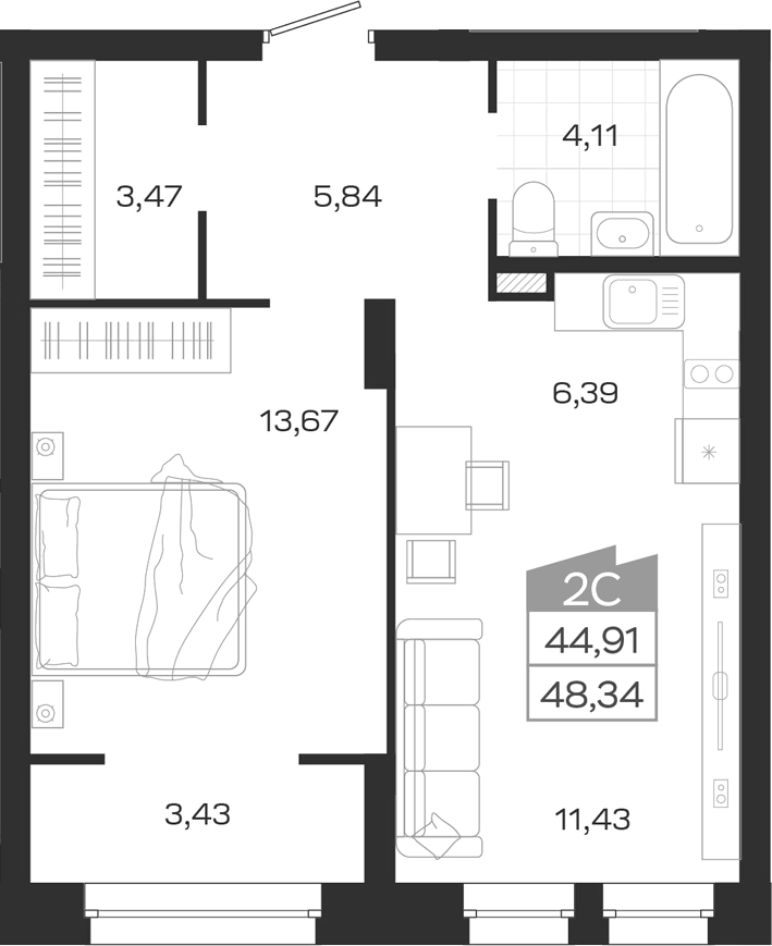 Планировка 2е-к.кв 44.91 м² в ЖК «Ясный Берег»