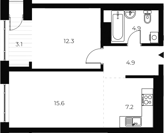Планировка 2е-к.кв 44.90 м² в ЖК «ОСКАР»