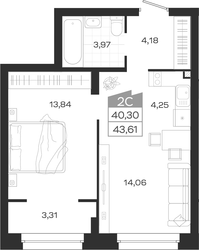 Планировка 2е-к.кв 40.30 м² в ЖК «Ясный Берег»