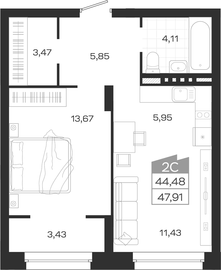 Планировка 2е-к.кв 44.48 м² в ЖК «Ясный Берег»