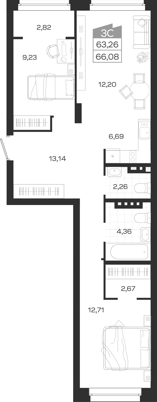Планировка 3е-к.кв 63.26 м² в ЖК «Ясный Берег»