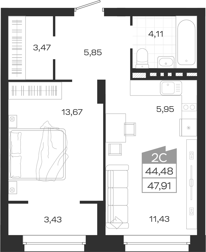 Планировка 2е-к.кв 44.48 м² в ЖК «Ясный Берег»