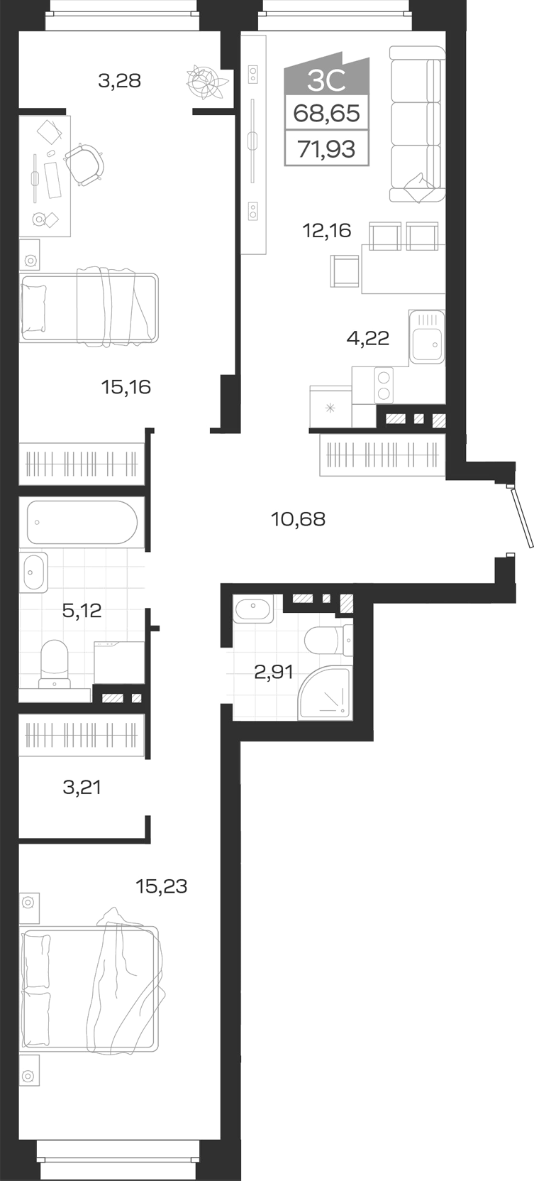 Планировка 3е-к.кв 68.65 м² в ЖК «Ясный Берег»