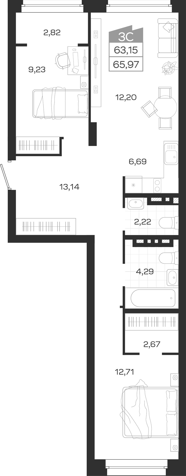 Планировка 3е-к.кв 63.15 м² в ЖК «Ясный Берег»
