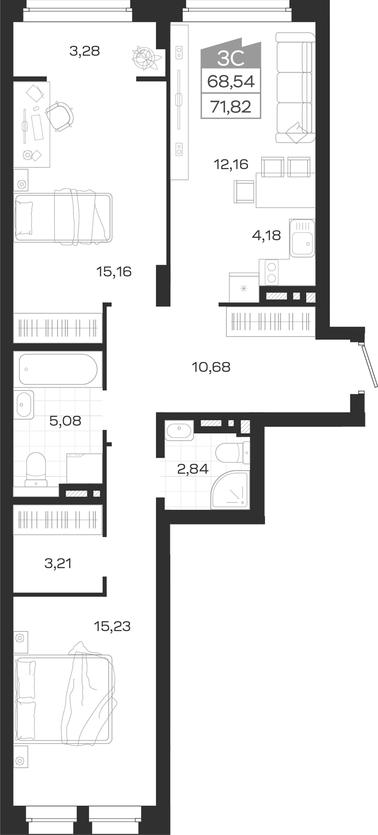 Планировка 3е-к.кв 68.54 м² в ЖК «Ясный Берег»