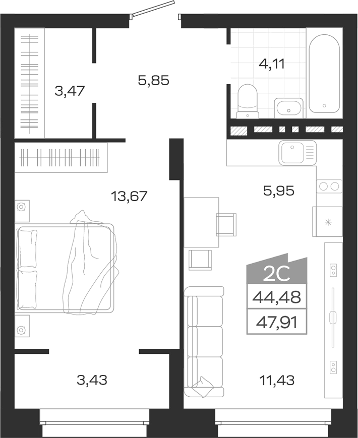 Планировка 2е-к.кв 44.48 м² в ЖК «Ясный Берег»