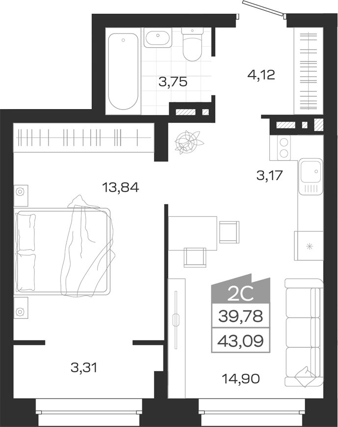 Планировка 2е-к.кв 39.78 м² в ЖК «Ясный Берег»