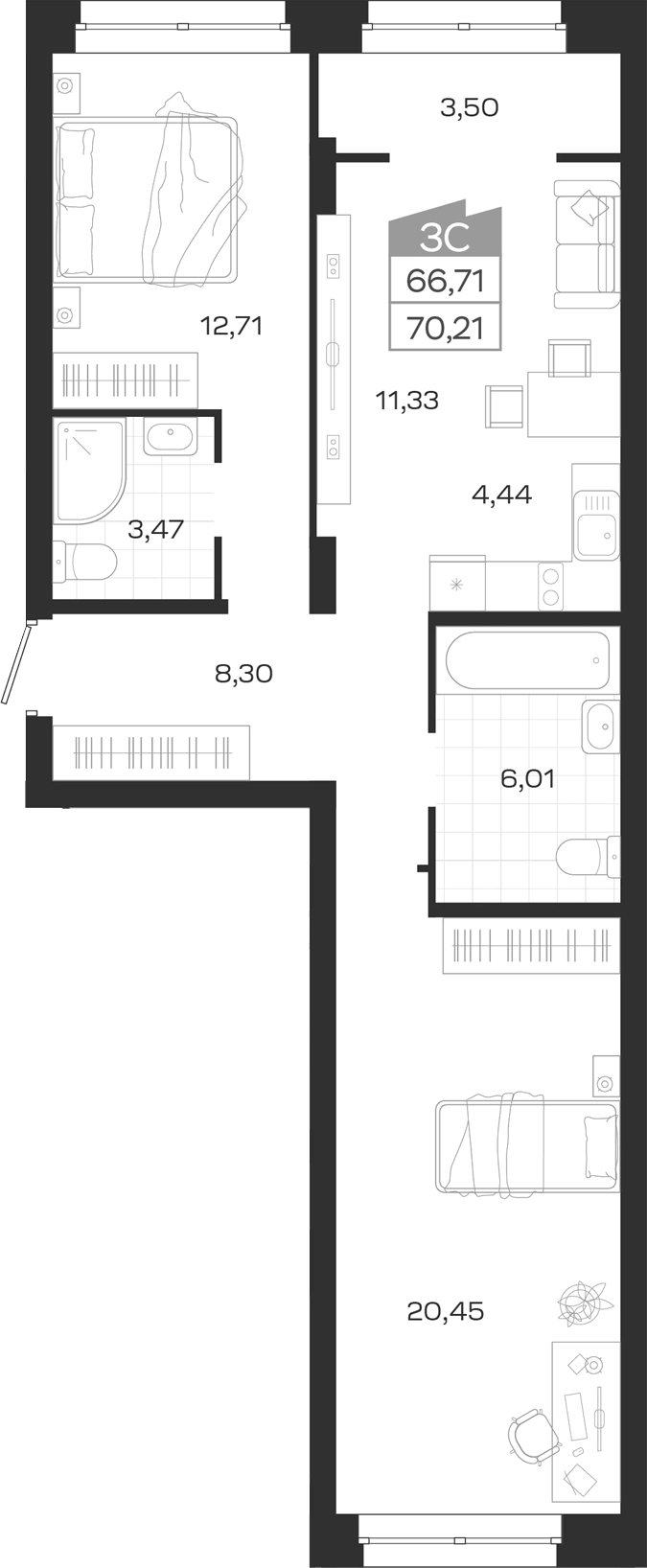 Планировка 3е-к.кв 66.71 м² в ЖК «Ясный Берег»