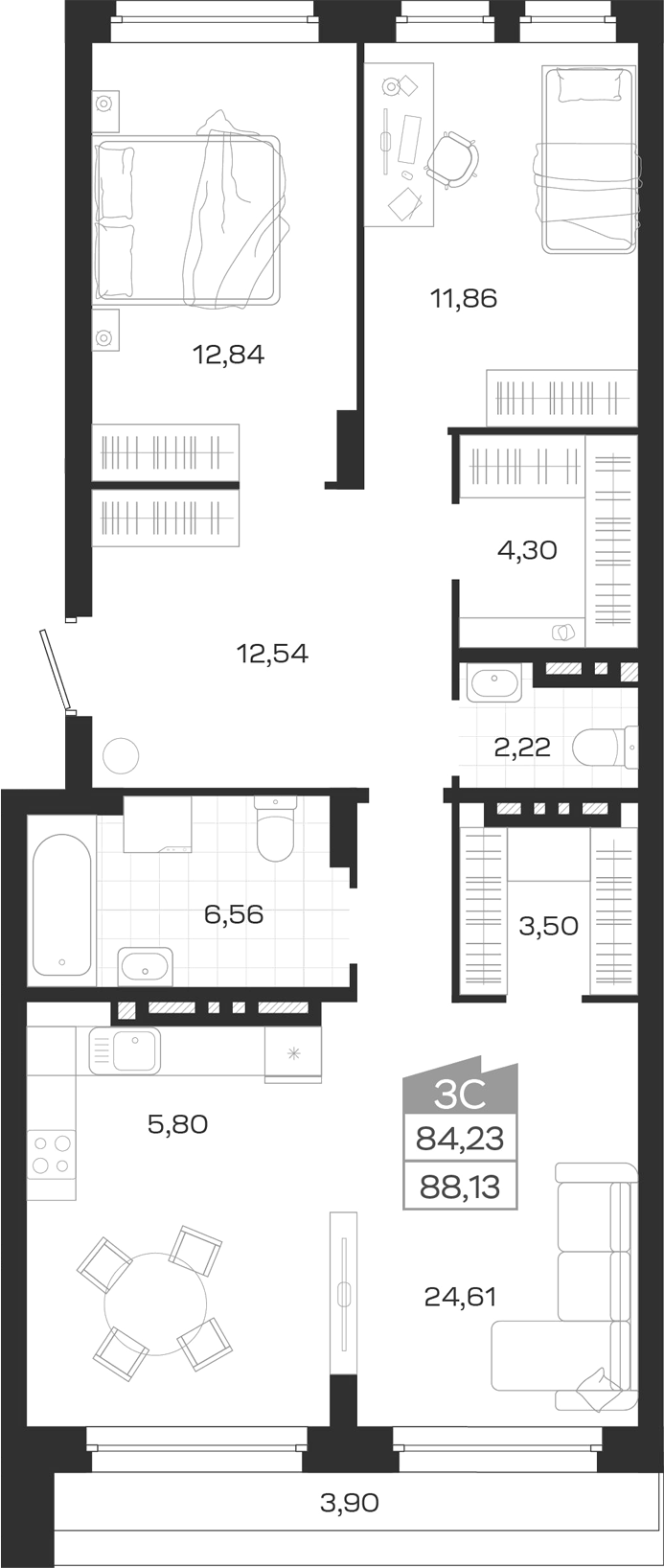 Планировка 3е-к.кв 84.23 м² в ЖК «Ясный Берег»