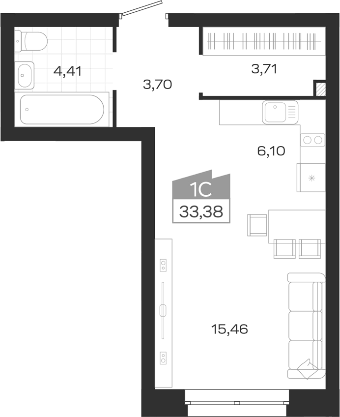 Планировка студии 33.38 м² в ЖК «Ясный Берег»