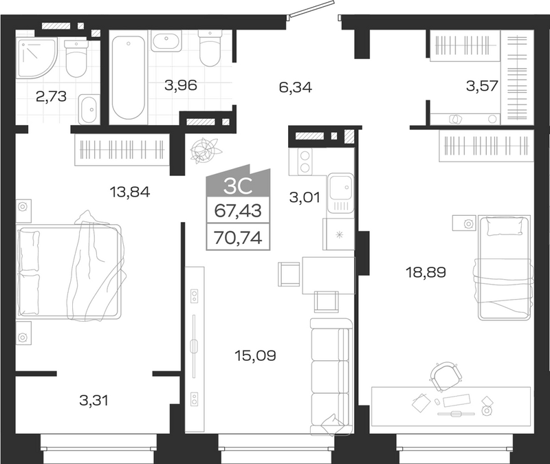Планировка 3е-к.кв 67.43 м² в ЖК «Ясный Берег»